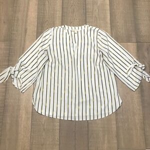 Michael Kors Top Shirt Blouse Womens Size 1X Beige Gold Chain Print V-Neck